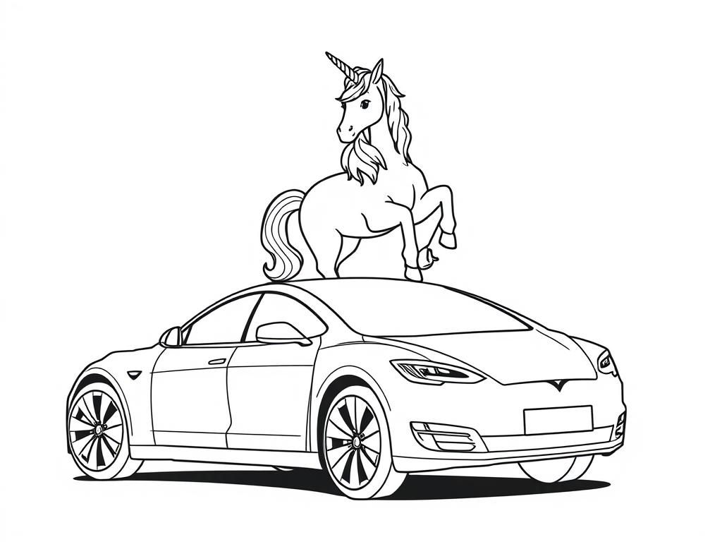 Preview of a unicorn standing on top of a tesla, crumpling it