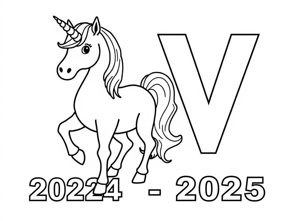 Preview of A unicorn with 4 legs next to a block-letter V logo. Add the text “2024-2025” in block letters to the bottom of the picture