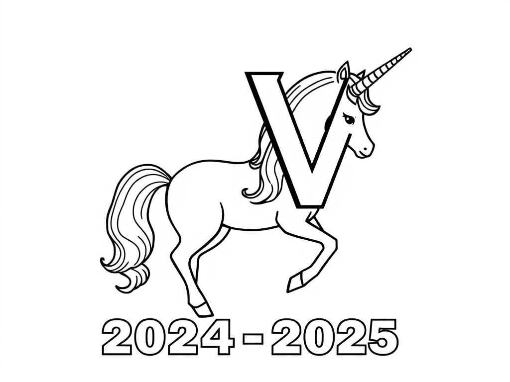 Preview of A unicorn with a block-letter V logo on its side. Add the text “2024-2025” in block letters to the bottom of the picture