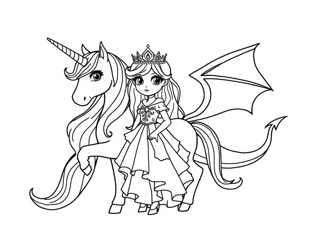 Magical Princess Riding Dragon Unicorn Coloring Page