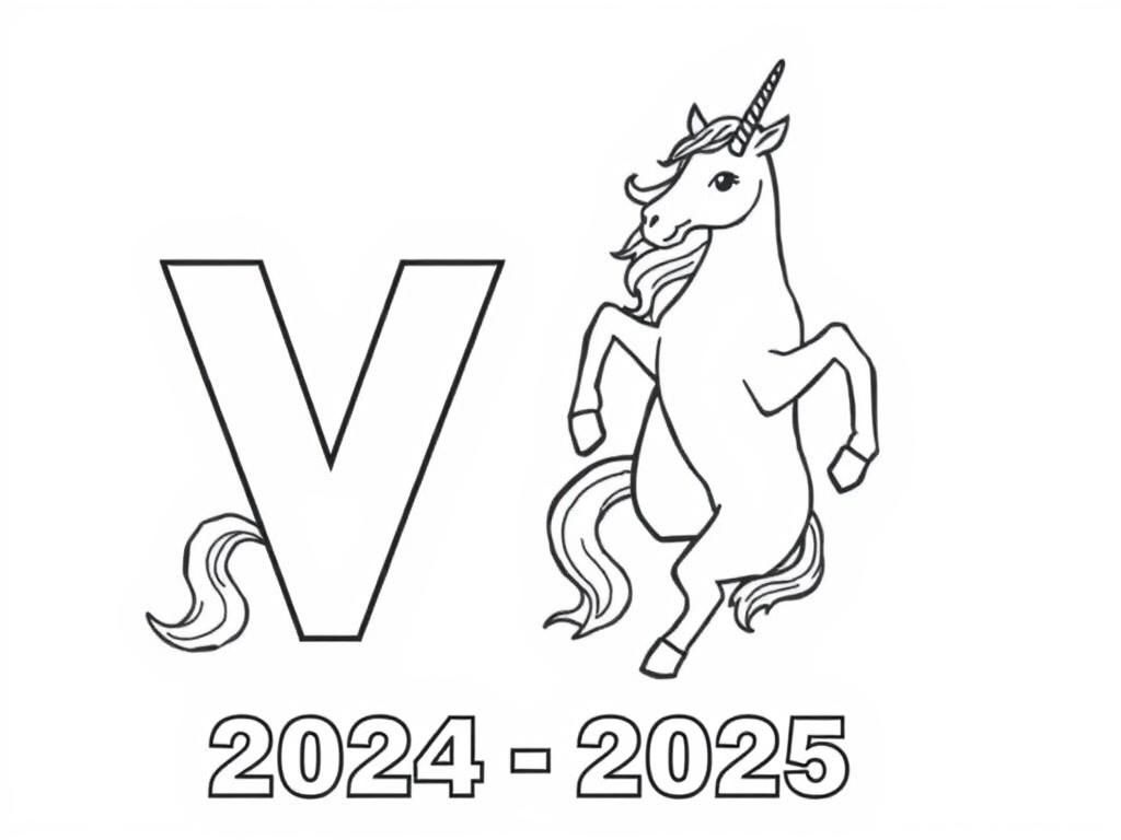 Preview of A unicorn with on its hind legs next to a block-letter V logo. Add the text “2024-2025” in block letters to the bottom of the picture