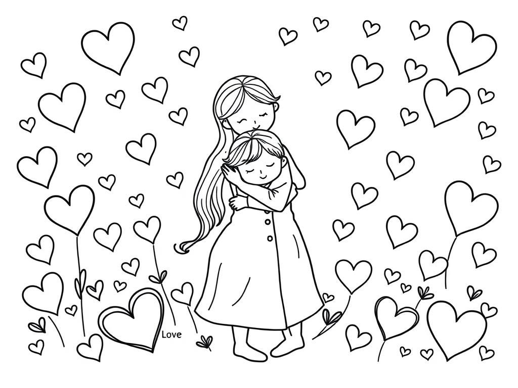 A Valentine's day themed design with hearts and "love" with a mother and son embraced in a hug in the center - Valentines Day Coloring Page