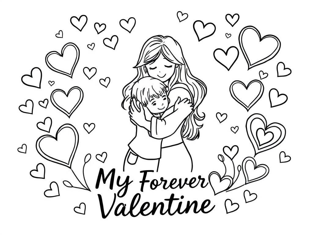 Preview of A Valentine's day themed design with hearts and symbols of love surrounding a mother and young son embraced in a hug in the center and 'My Forever Valentine' handwritten in cursive