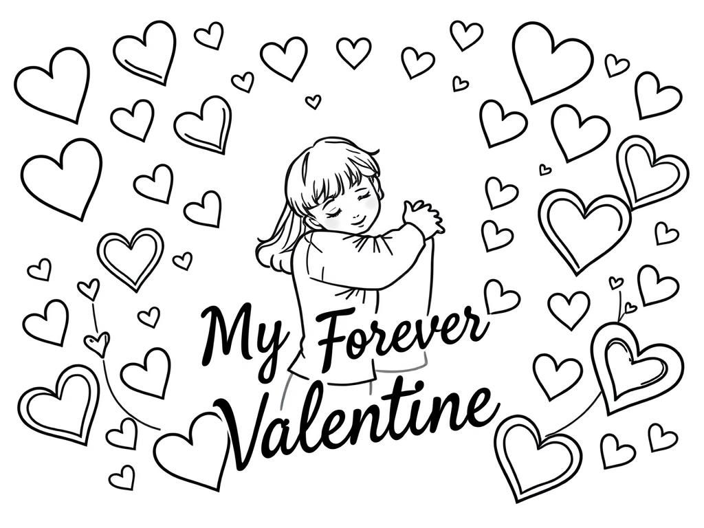 Preview of A Valentine's day themed design with hearts and symbols of love surrounding a mother and young son embraced in a hug in the center and 'My Forever Valentine' handwritten in cursive