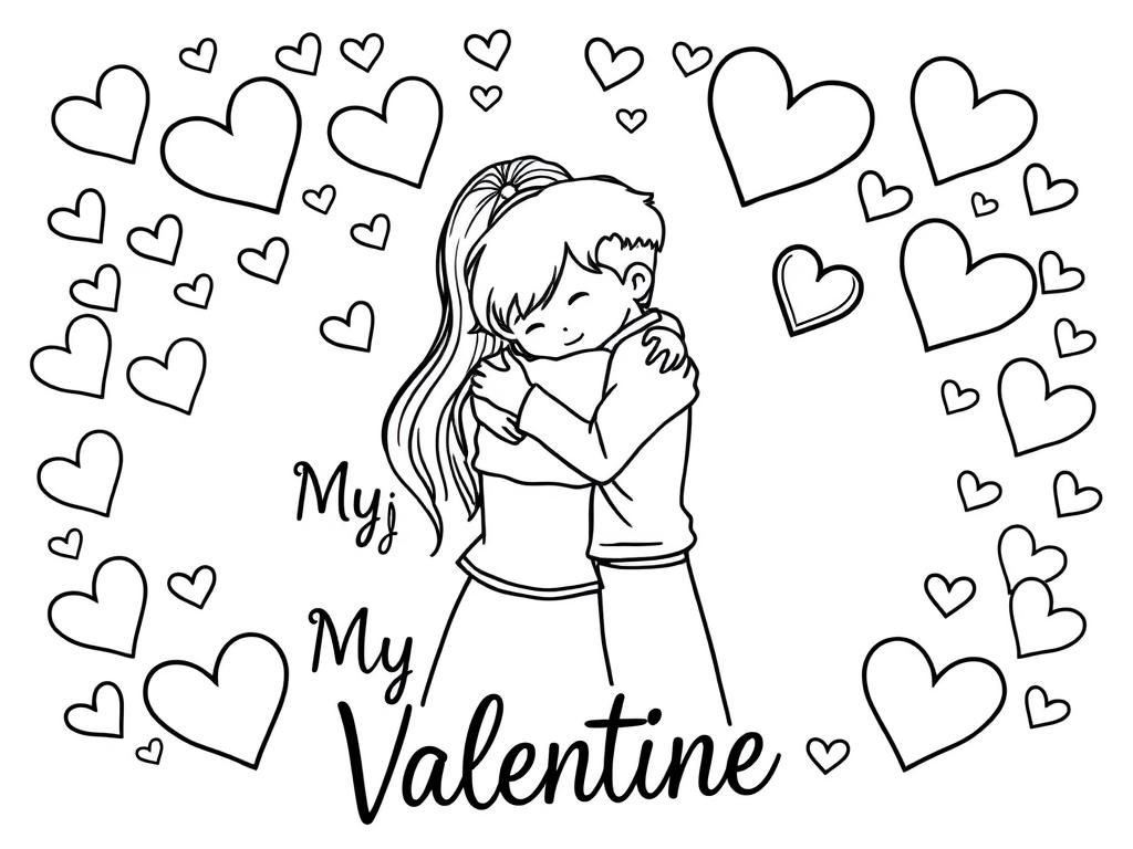 A Valentine's day themed design with hearts and symbols of love surrounding a mother and young son embraced in a hug in the center and 'My Forever Valentine' handwritten in cursive - Valentines Day Coloring Page