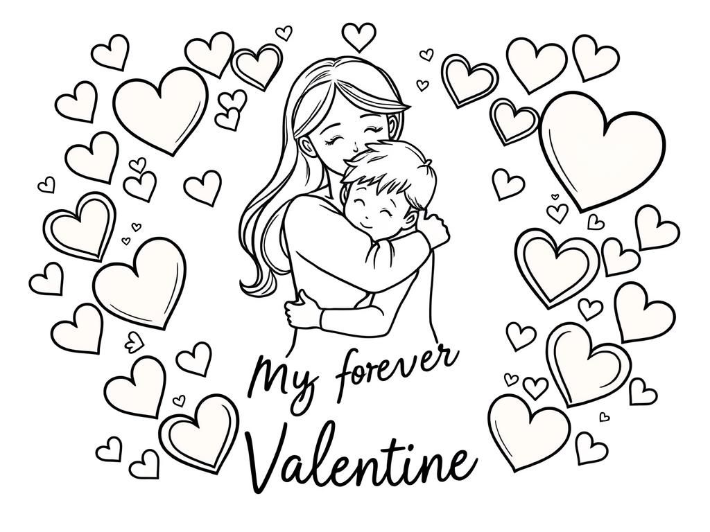 A Valentine's day themed design with hearts and symbols of love surrounding a mother and young son embraced in a hug in the center and 'My Forever Valentine' handwritten in cursive - Valentines Day Coloring Page