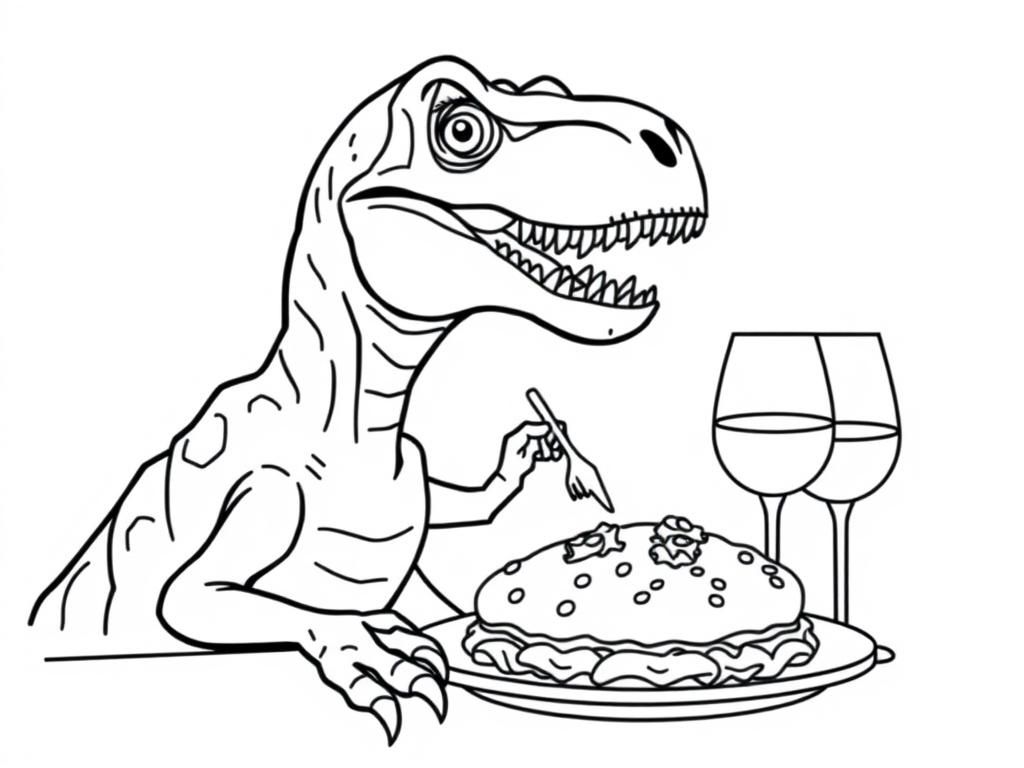 Preview of A velociraptor eating lasagna and drinking wine