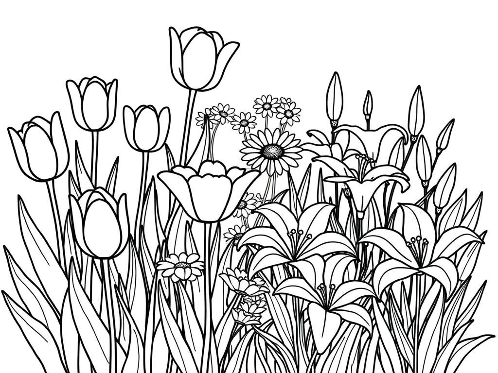 Preview of A vibrant garden with tulips, daisies, and lilies growing together.