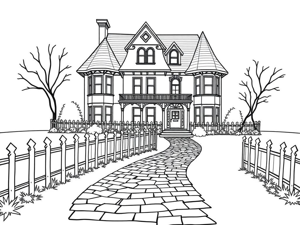 Preview of a victorian style home with a fence and a cobblestone path that leads to the house