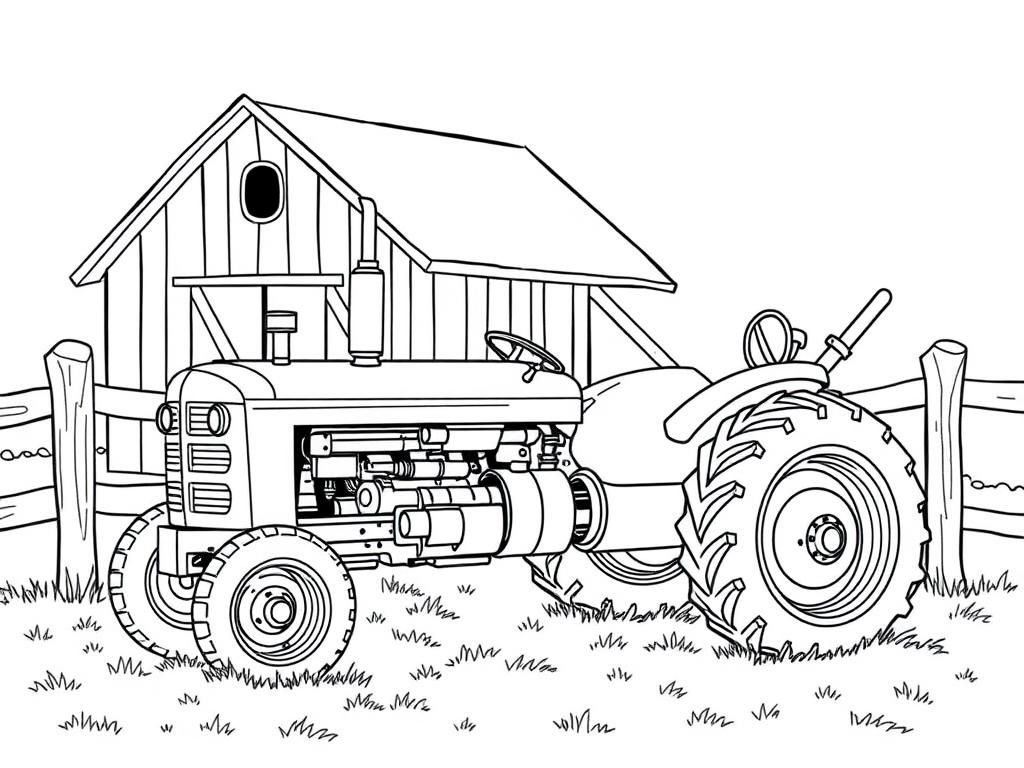 Preview of A vintage tractor parked next to a barn, with a cow peeking over the fence