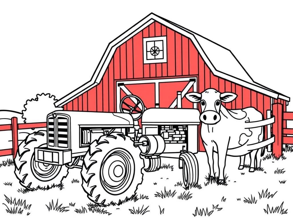 Preview of A vintage tractor parked next to a red barn, with a friendly cow peeking over the fence