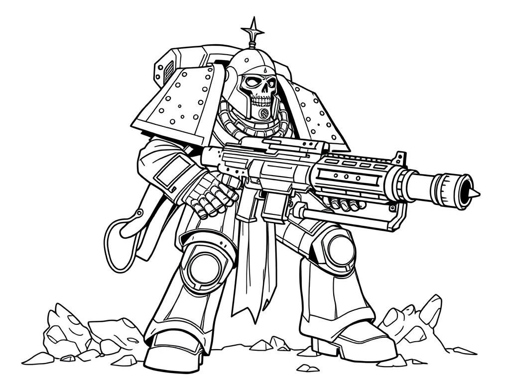 Preview of a warhammer 40k deathkorp of krieg full body whit bolter gun. the image must be gore and full detail