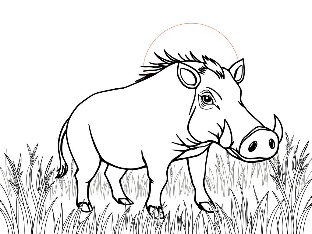 "A Warthog, . Background: a warm savanna with tall grass and a glowing sun." - Free Printable Coloring Page