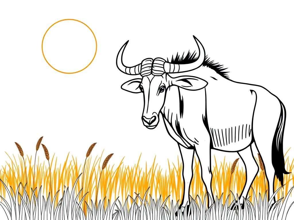 "A Wildebeest. Background: a warm savanna with tall grass and a glowing sun." - Free Printable Coloring Page