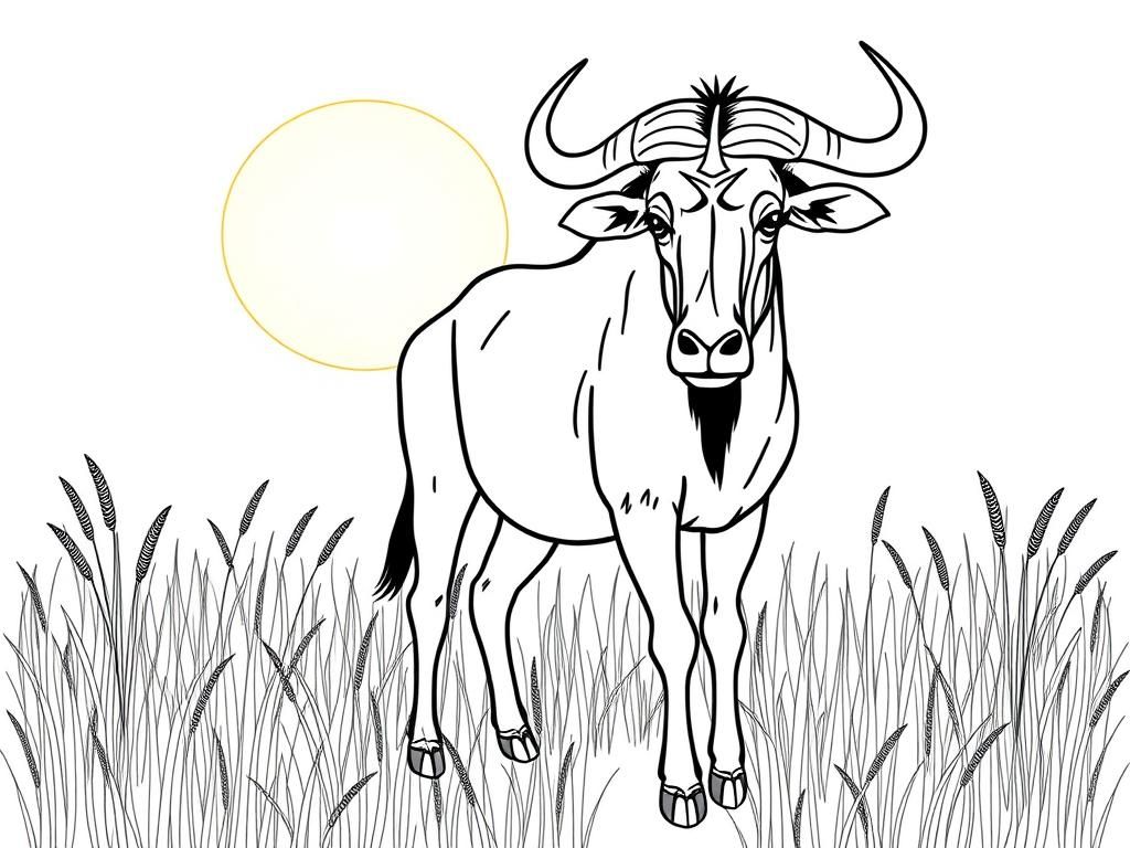 "A Wildebeest. Background: a warm savanna with tall grass and a glowing sun." - Free Printable Coloring Page