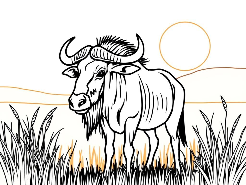 "A Wildebeest. Background: a warm savanna with tall grass and a glowing sun." - Free Printable Coloring Page