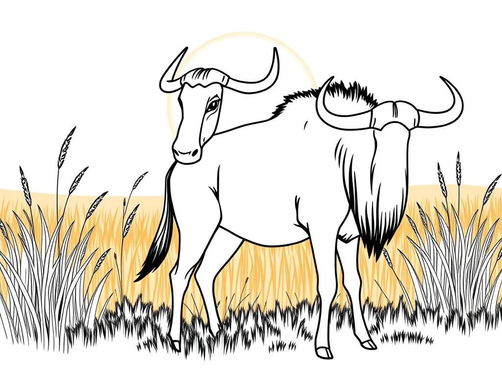 "A Wildebeest. Background: a warm savanna with tall grass and a glowing sun." - Free Printable Coloring Page