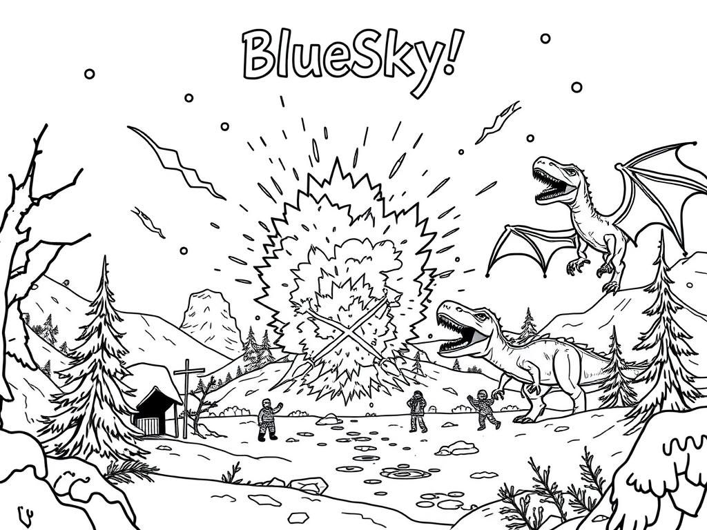 Preview of A winter scene with an explosion and dragons and a t-rex and people are screaming with above a title that says "BlueSky!"