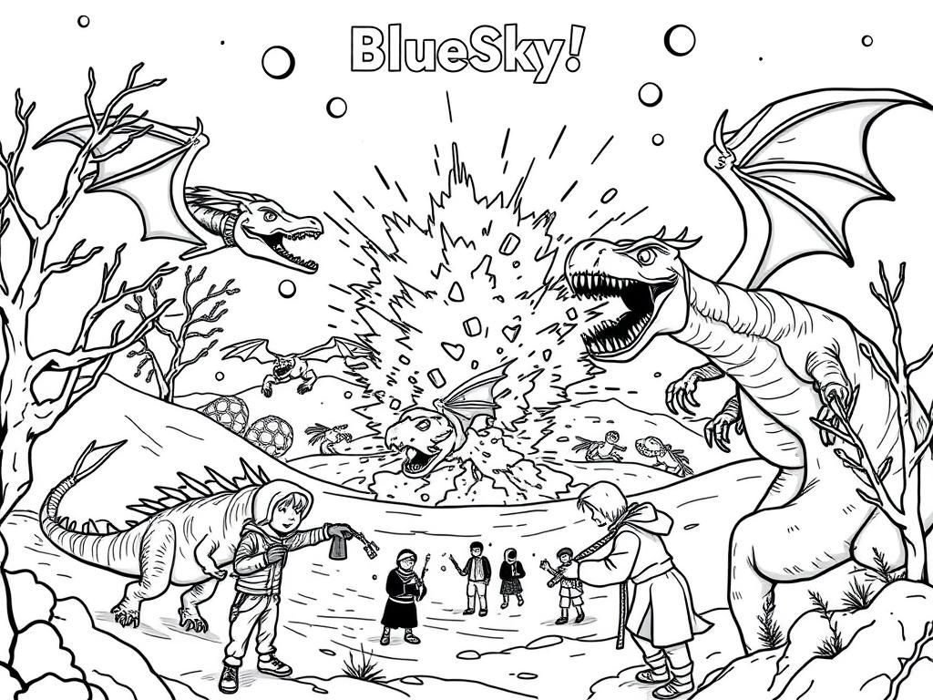 A winter scene with an explosion and dragons and a t-rex and people are screaming with above a title that says "BlueSky!"