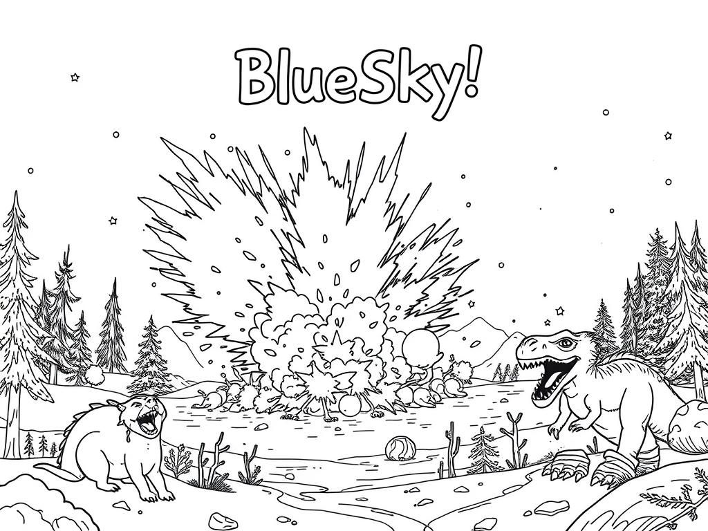 Preview of A winter scene with an explosion and dragons and a t-rex and people are screaming with above a title that says "BlueSky!"