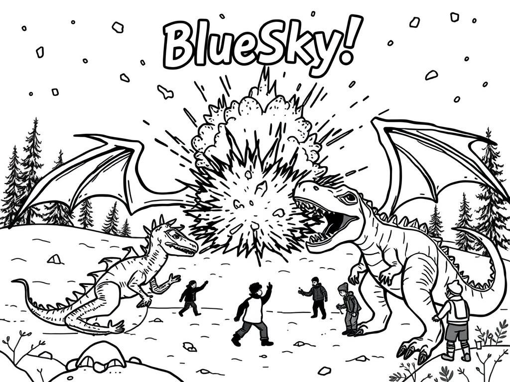 A winter scene with an explosion and dragons and a t-rex and people are screaming with above a title that says "BlueSky!"