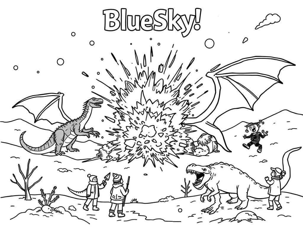 Preview of A winter scene with an explosion and dragons and a t-rex and people are screaming with above a title that says "BlueSky!"