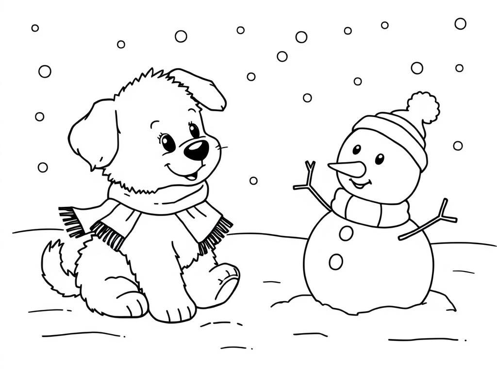 Preview of A wintery scene with a fluffy puppy wearing a scarf, playing in the snow with a snowman