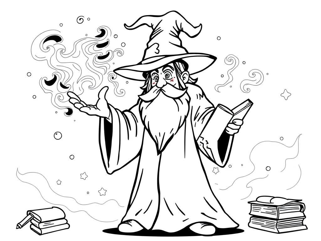 Preview of A wizard casting a spell, with swirling magical energy and floating books around them.