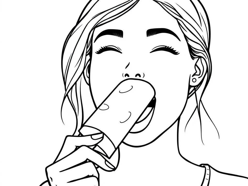 A woman eating a cylindrical popsicle which is halfway inside her mouth.