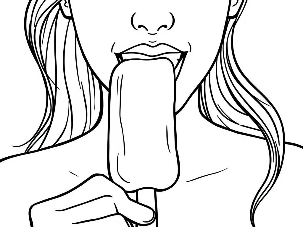 Preview of A woman eating a cylindrical popsicle which is halfway inside her mouth.