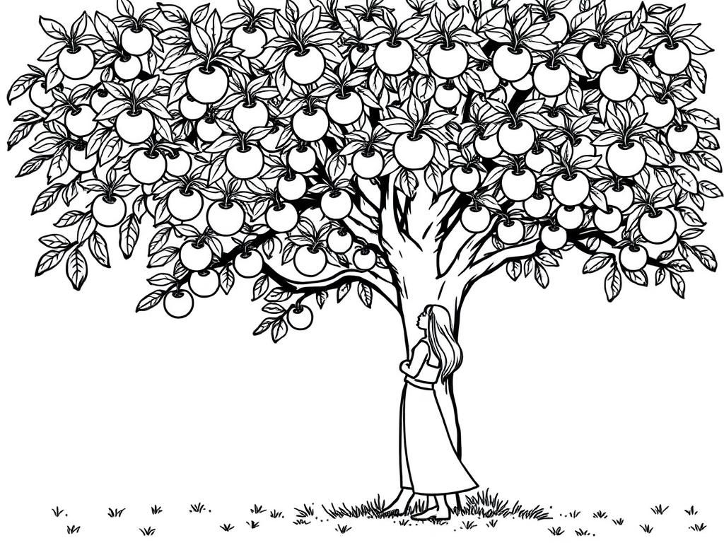 Coloring Page: Whimsical Orchard Scene