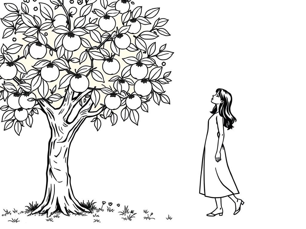 Preview of A woman walking underneath an apple tree