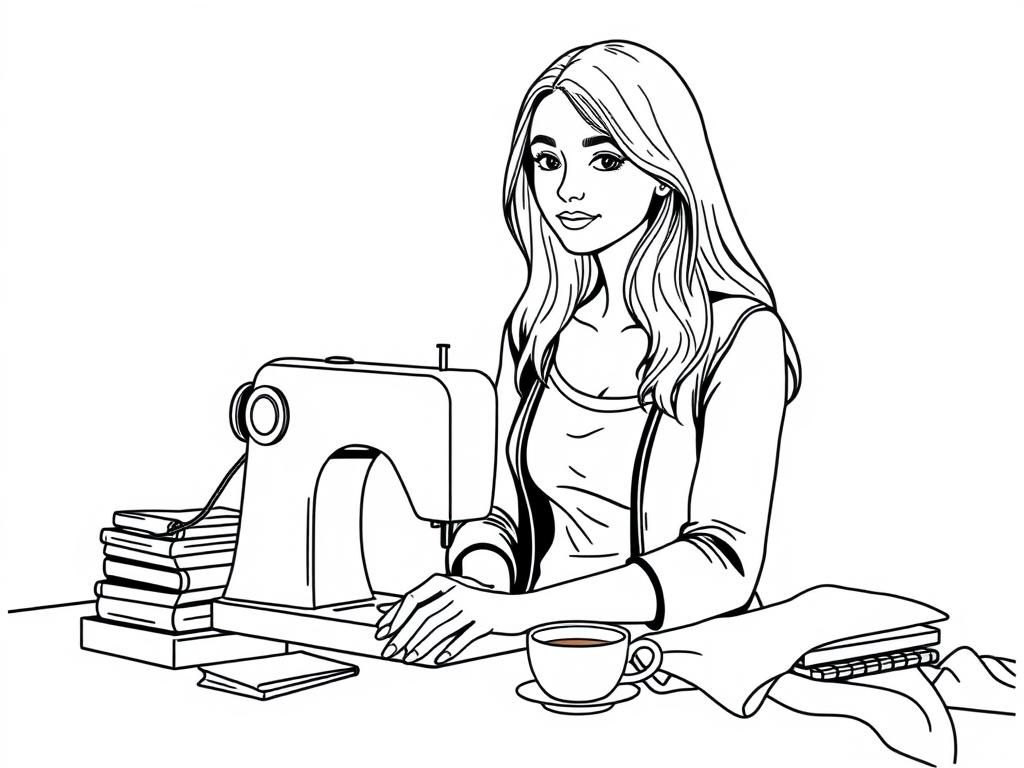 A woman with medium long hair, sitting on a desk with a sewing machine and some books and a cup of tea and some fabric visible