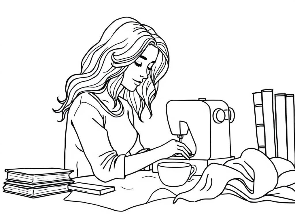 A woman with medium long wavey hair, sewing on a desk with a sewing machine and some books and a cup of tea and some fabric visible