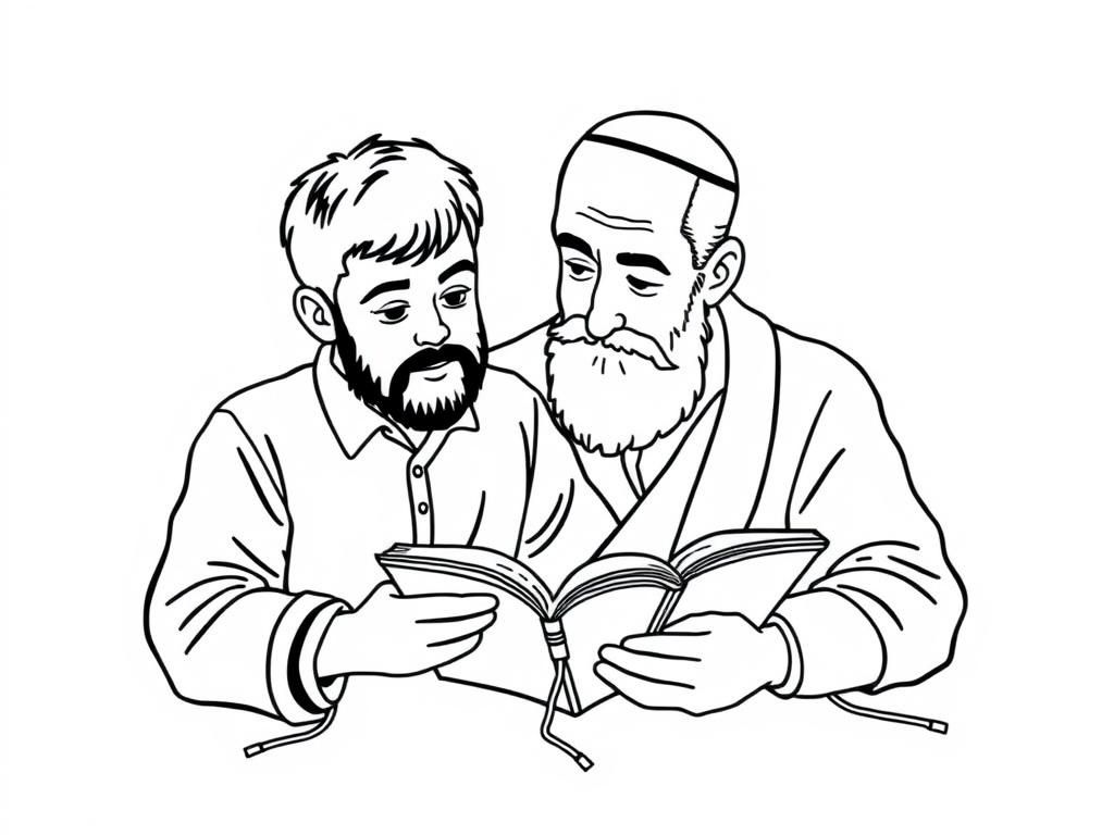 A young boy learning gemara with his father