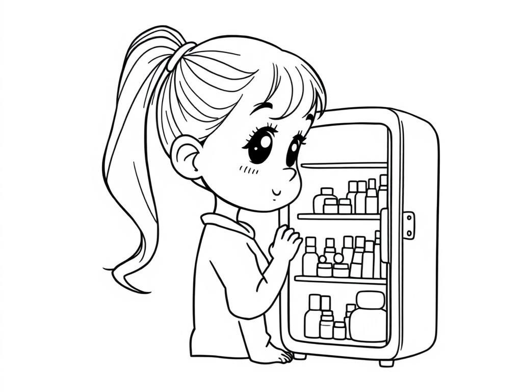 A young girl with a pony tail and a small refrigerator full of makeup