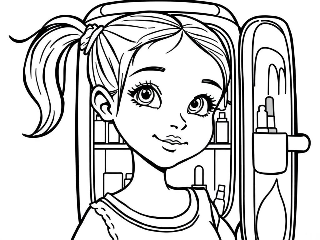 A young girl with a pony tail refrigerator full of makeup