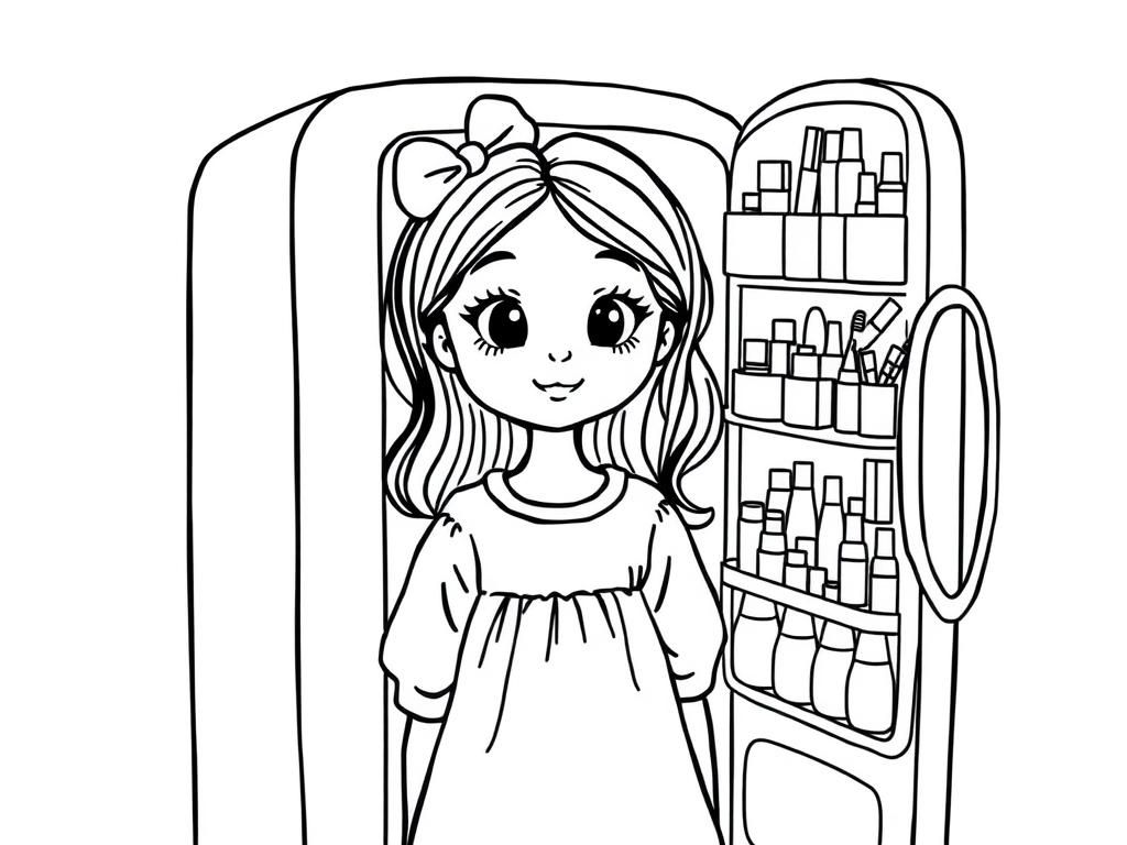 A young girl with a refrigerator full of makeup