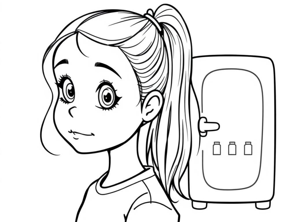 A young girl with normal eyes, a pony tail and a small refrigerator full of makeup