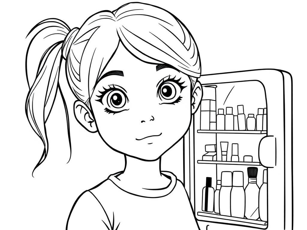 A young girl with normal eyes, a pony tail and a small refrigerator full of makeup