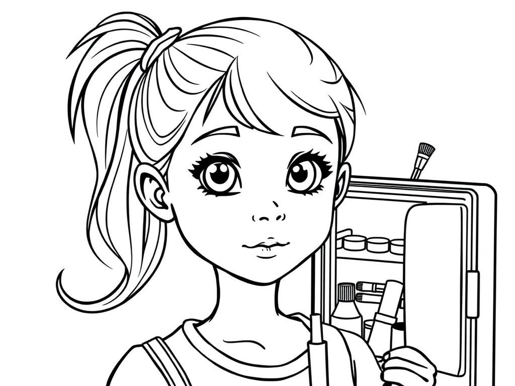 A young girl with normal eyes, a pony tail and a small refrigerator full of makeup