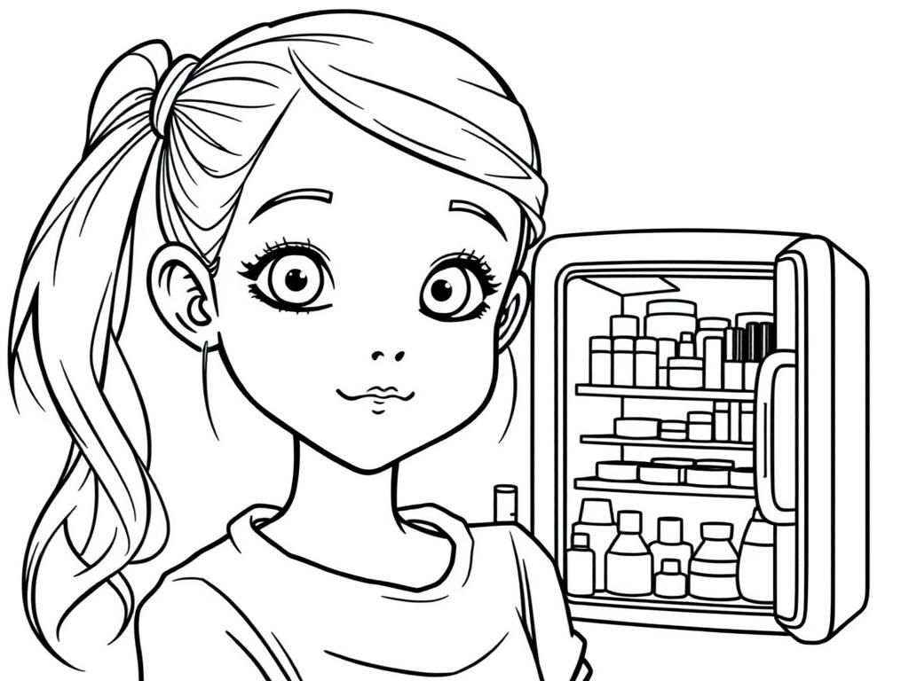 A young girl with normal eyes, a pony tail and a small refrigerator full of makeup