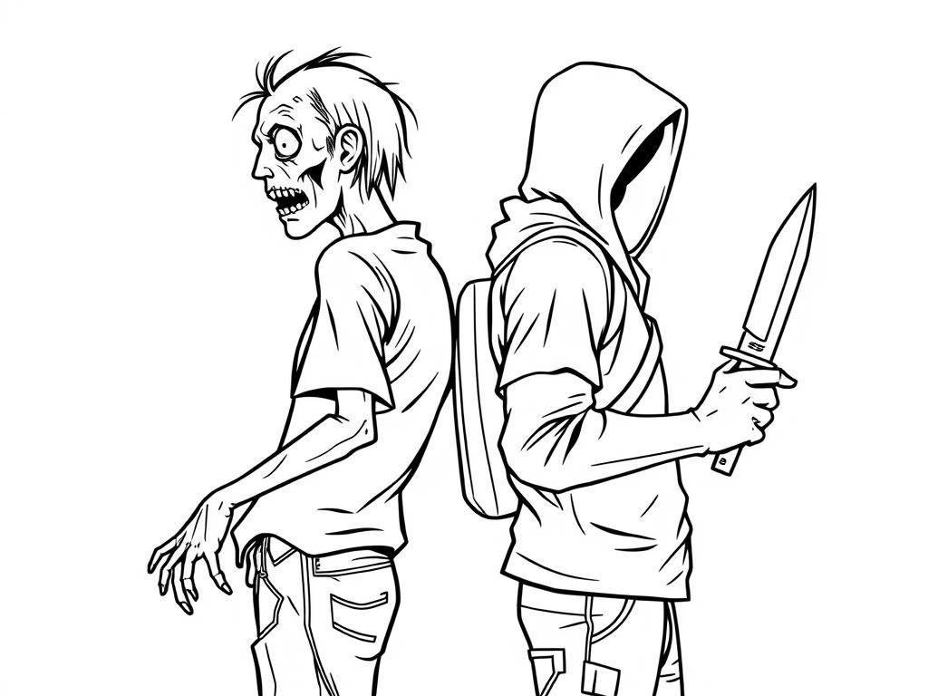 Zombie Apocalypse Survivor and Zombie Coloring Page
