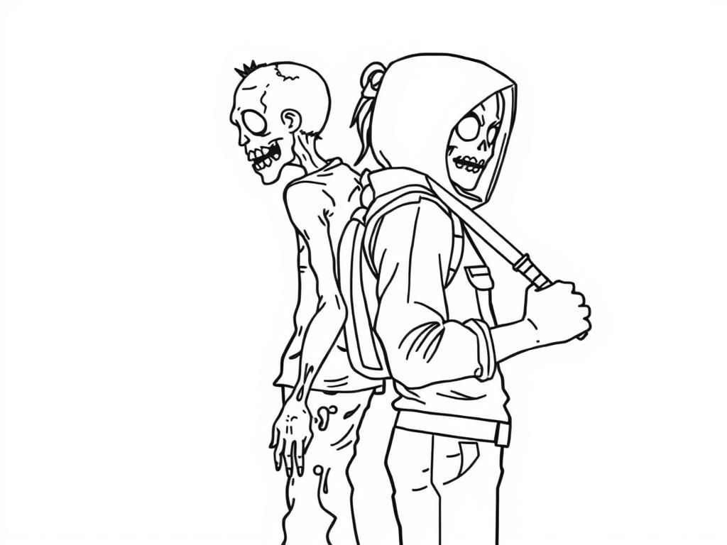 A zombie and a survivor holding a fs figting knive standing back to back. you see them from the side - Free Printable Coloring Page
