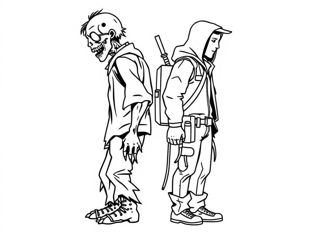 Zombie and Survivor Back to Back Coloring Page