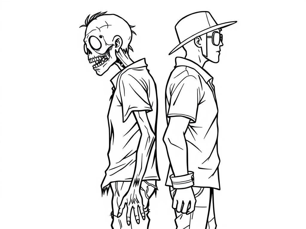 Zombie and Man Back to Back Coloring Page