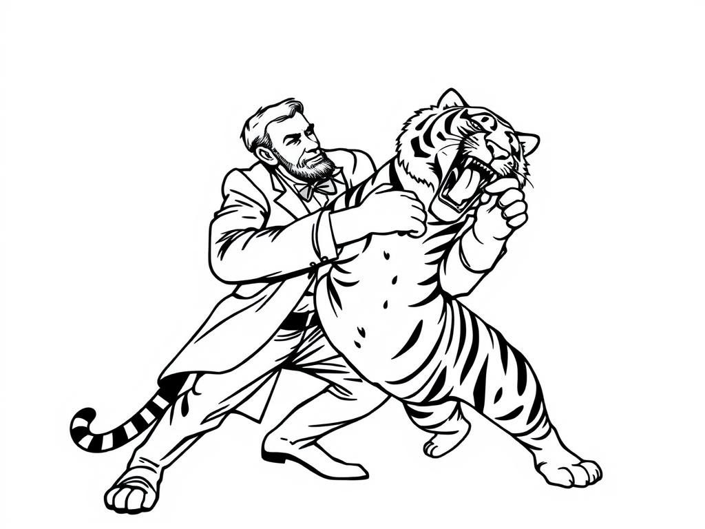Abraham Lincoln wrestling a tiger
