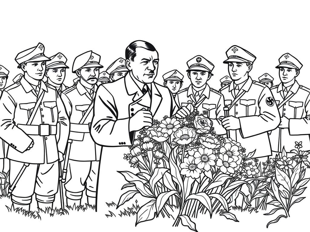 adolf hitler collecting flowers together with nazi soldiers