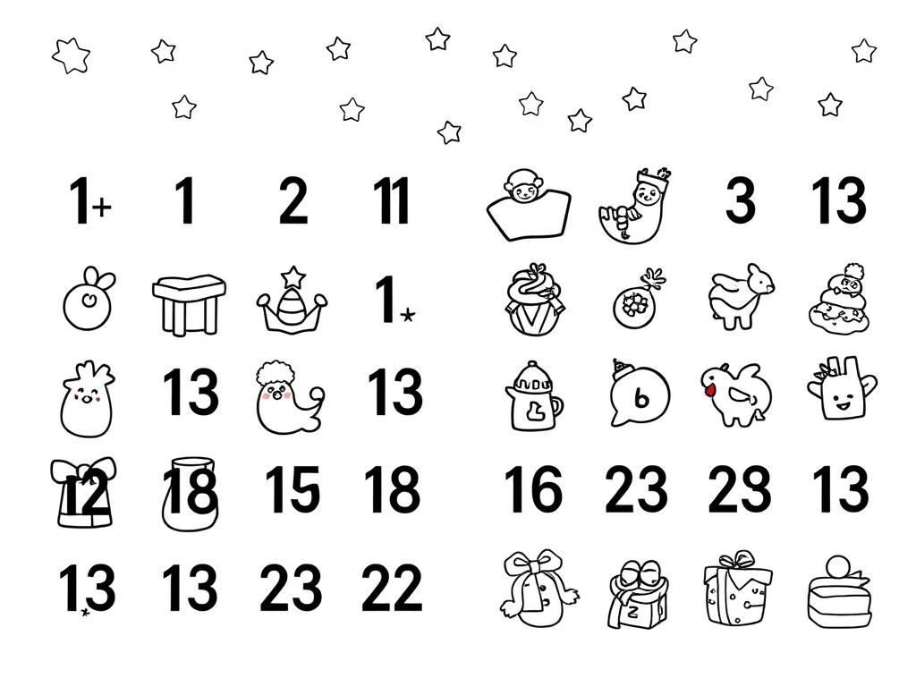 Advent calendar of 24 little Xmas theme drawings, one for each day