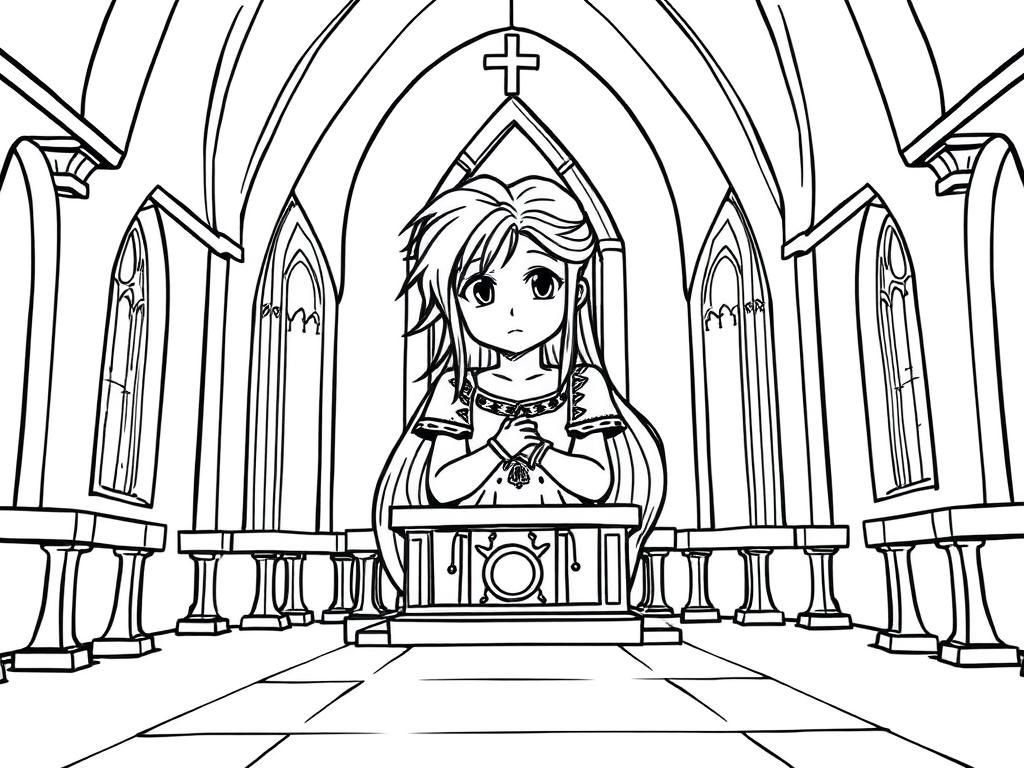 Chibi Anime Church Interior Coloring Page